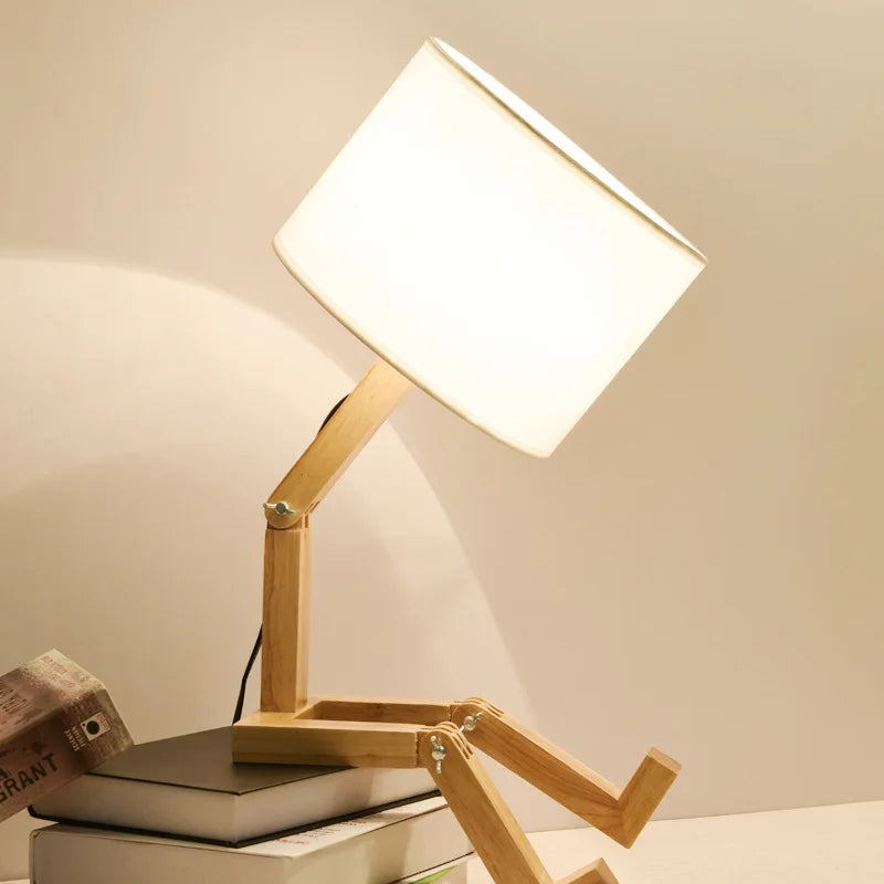Adjusted Robot Shape Table Lamp - Wooden Fabric Bedroom Lamp 