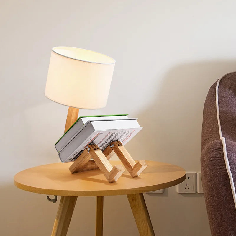 Adjusted Robot Shape Table Lamp - Wooden Fabric Bedroom Lamp 