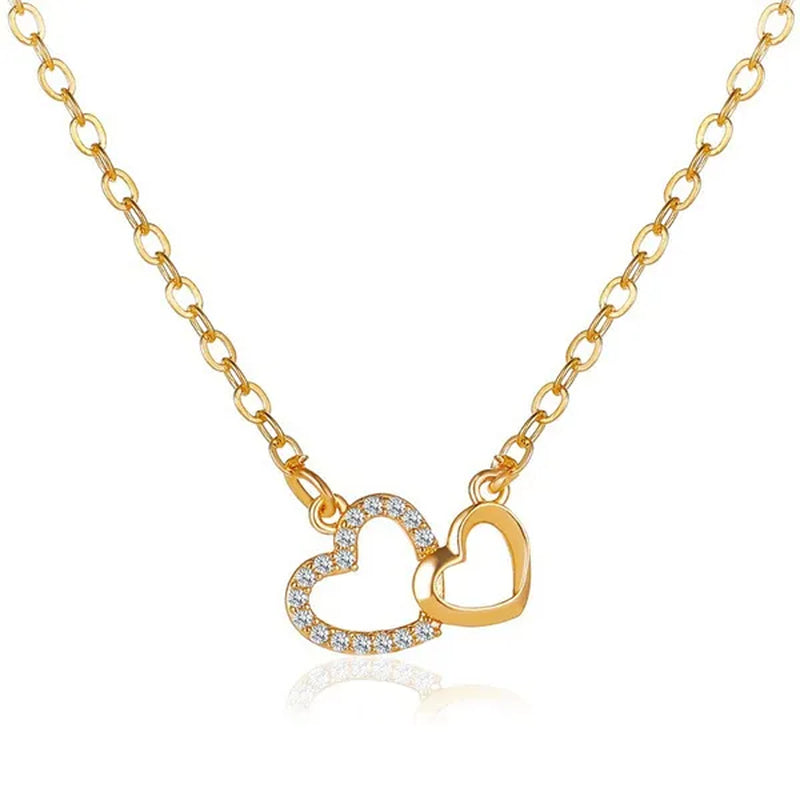 Fashion Gold and Silver Double Heart Necklace Necklace Crystal Diamond Pendant Necklace Gift for Woman
